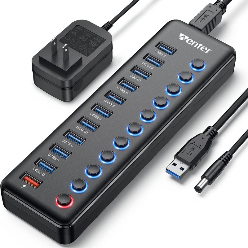 Wenter Powered USB Hub, 11-Port USB Splitter Hub (10 Faster Data Transfer Ports+ 1 Smart Charging Port) with Individual LED On/Off Switches, USB Hub 3.0 Powered with Power Adapter for Mac, PC - Image 1